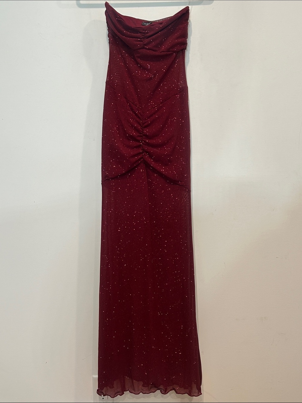 Blue blush dolls kill maroon glitter strapless rouched maxi dress small women’s